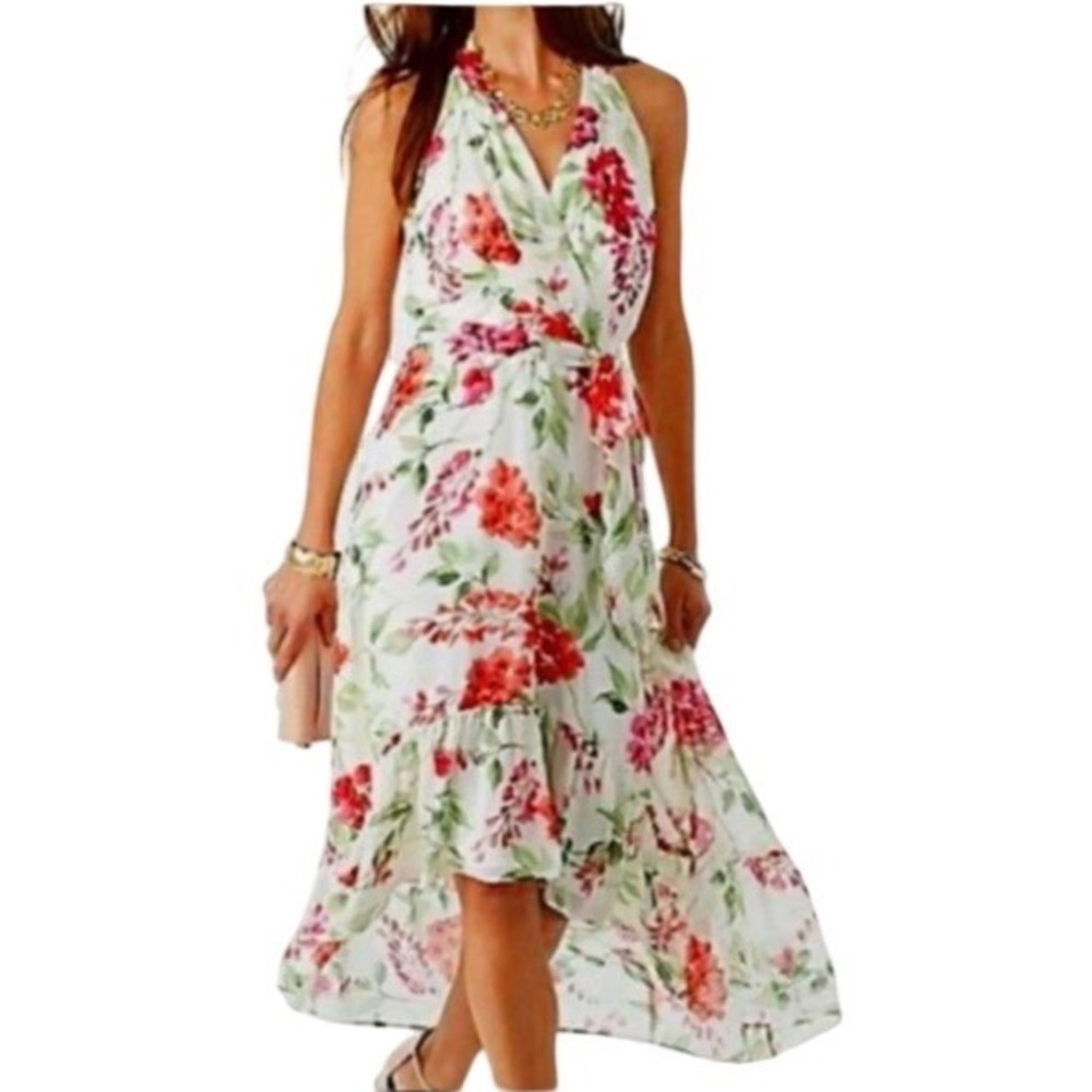 Roz & Ali Dress Womens 16 Floral High-Low Halter White Pink EUC